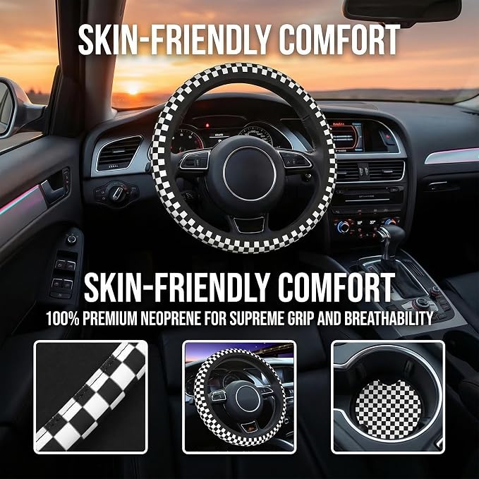 Checkered Steering Wheel Cover Black White + 2 Checkered Car Coasters Set | Anti-Slip Neoprene, Breathable, Universal Fit 14-15 Inch, Car Interior Accessories Gift for Men Women