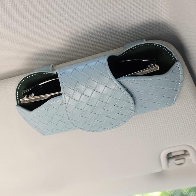 KINIVA Sunglasses Holder for Car Visor Leather Glasses Case with Clips for Car Visor Automotive Interior Visor Accessories Apply to All Car Models (09 Blue)