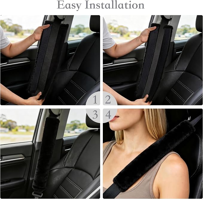 Soft Faux Fur Universal Fit Seatbelt Cover Car Truck SUV Airplane Seat Belt Shoulder Pad for Carmera Backpack Straps Neck Cushion Protector Extra Long 15.7in Black