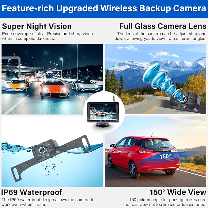 HD 1080P 5 inch Wireless Backup Camera for Truck: Clear Day & Night Vision | 15 Mins Easy Install for Car Trucks SUV Camper Parking Safety Assistance