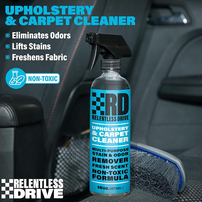 Car Carpet Cleaner & Car Upholstery Cleaner | Car seat cleaner for fabric interiors, floor mats, auto upholstery with Heavy duty brush, 16oz. Works as couch & sofa cleaner