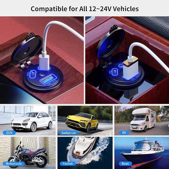 12V USB Outlet Car Charge, 108W Super Fast Dual Charging Port | PD3.0 & QC3.0 3-Port Port for Car, USB C Cigarette Lighter Replacement 12V Socket Waterproof for Marine Motorcycle RV Golf