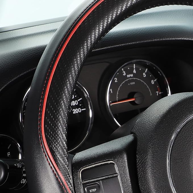 Car Steering Wheel Cover Large-Size for F150 F250 F350 Ram 4Runner Tacoma Tundra Range Rover with 15 1/2"-16" Outer Diameter Leather with Carbon Fiber Pattern Black and Red