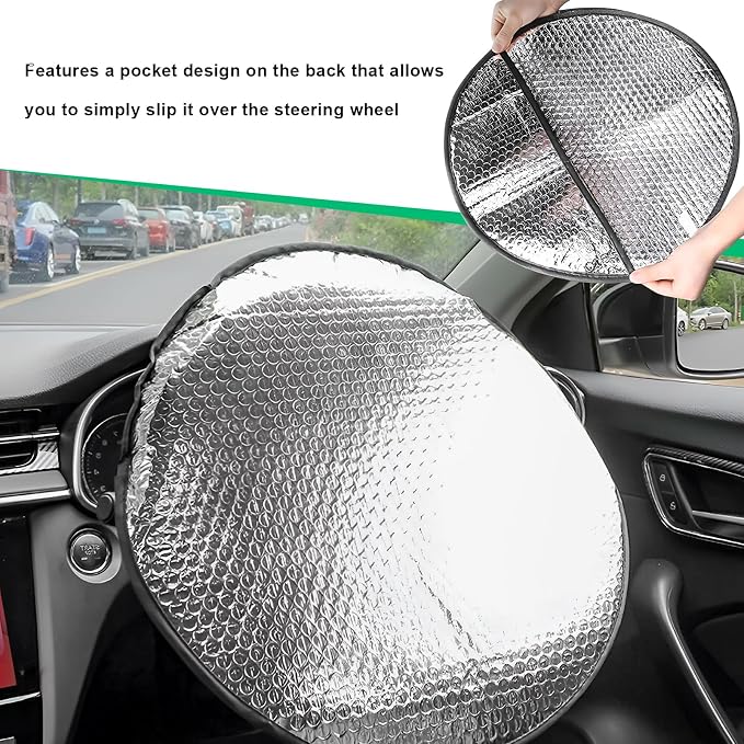 3PCS Steering Wheel Sun Shade and Side Window Sunshades, 17.9" Anti-Heat Aluminum Foil Steering Wheel Cover Window Shades, Wheel Heat Reflector UV Protection Cover for Most Cars