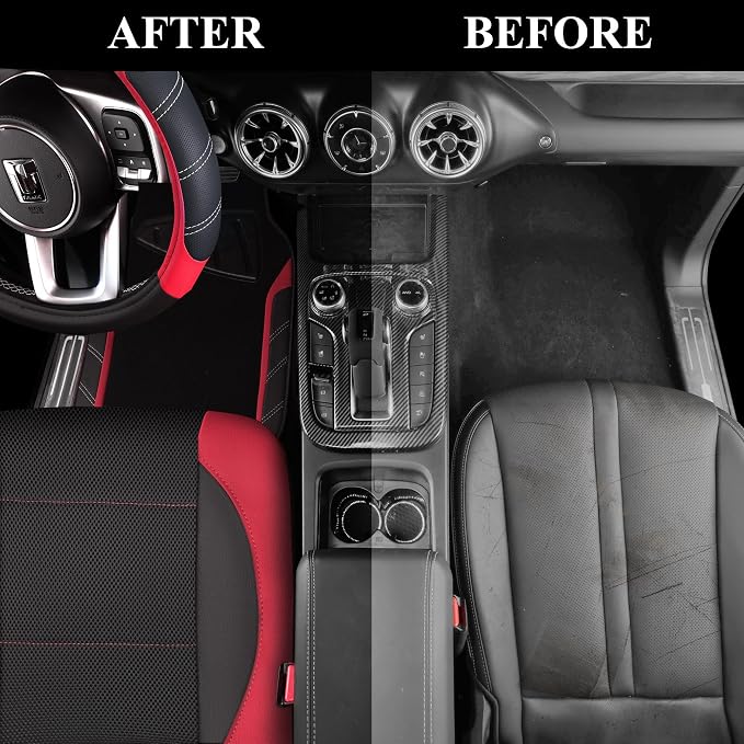 Air Mesh Leather Car Seat Covers for Front Seats, Waterproof Car Floor Mats, Sporty Steering Wheel Cover, Universal Fit for 95% Cars Truck SUV (Black and Red)