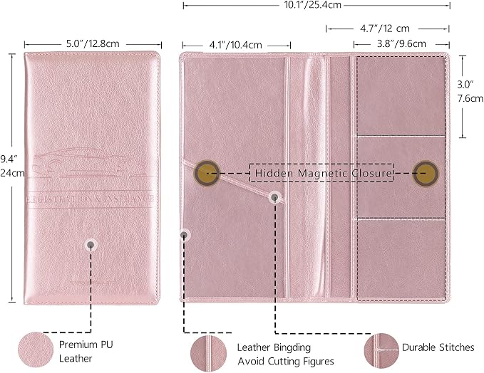 Car Registration and Insurance Card Holder, Vehicle License Document Glove Box Compartment Organizer, Interior Car Accessories for Women Men (Rose Gold)