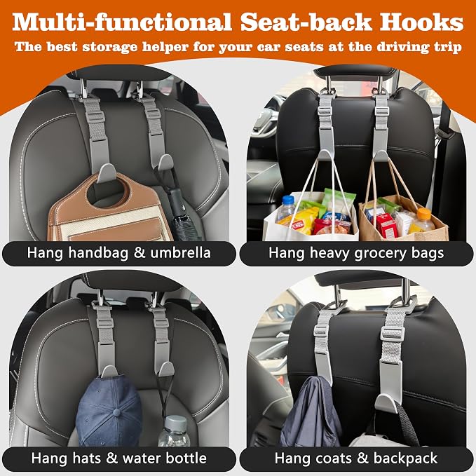 Car Headrest Hooks 4 Pack Adjustable Universal Fit Auto Seat Back Organizer Storage Hanger Purse Bags Holder with Clip Gray