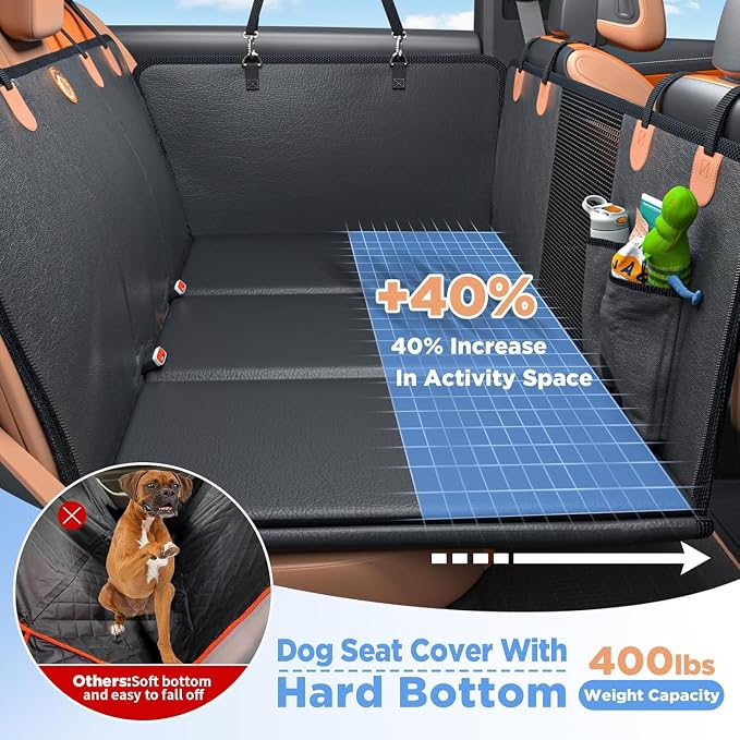 Back Seat Extender for Dogs, PU Leather Dog Car Seat Cover for Back Seat with Hard Bottom, 100% Waterproof, Scratch Proof and Anti Slip Dog Hammock for Car, Holds 400lbs