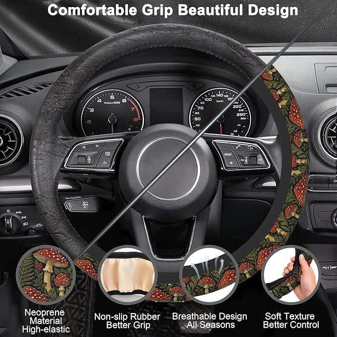 Vintage Mushroom Steering Wheel Cover with 2 Car Coasters,Berry with Leaves Anti-Slip Steering Wheel Cover,Elastic Breathable Car Interior Accessories,Universal 14.5"-15" Fit Auto,SUVs