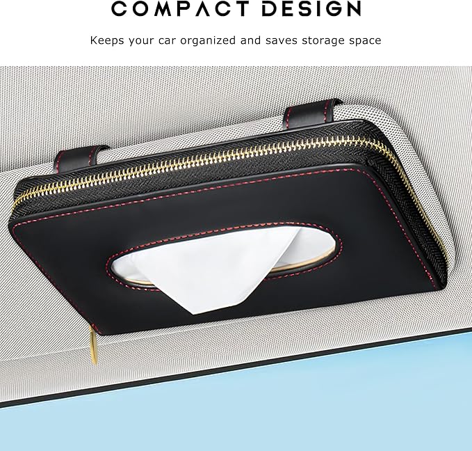 Car Tissue Box, Leather Auto Sun Visor Napkin Case Tissue Case Holder with Zipper, Sunvisor Paper Towel Storage Box Napkin Organizer for Most Vehicles, Car Accessories (Black)