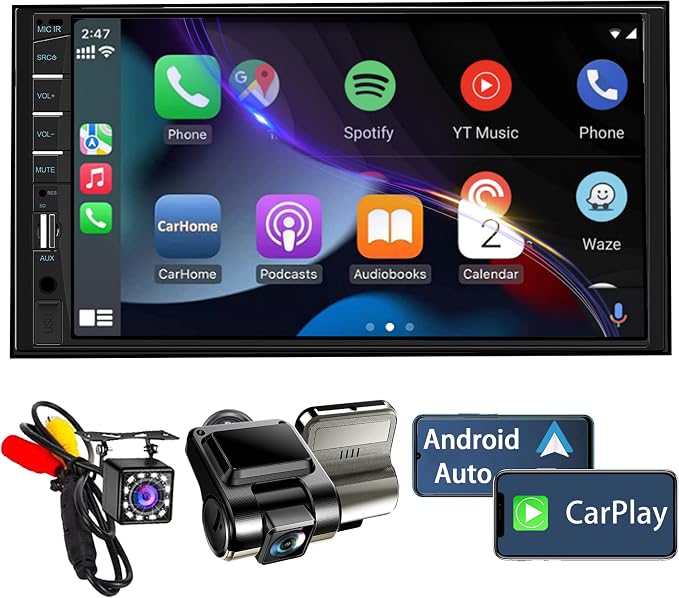 Double Din Car Stereo with Dash Cam | 7INCH Touchscreen Car Radio Receivers Support with Apple Carplay & Android Auto, Bluetooth, Backup Camera, Mirror Link, Voice Control, SWC, FM/USB/TF/AUX