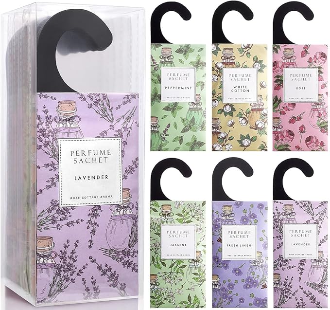 Large 12 Packs Hanging Scented Sachets Long-Lasting Closet Deodorizer Air Freshener Fabric Refresher Odor Eliminator for Drawer Home Fragrance Gift Set（6 Scents）