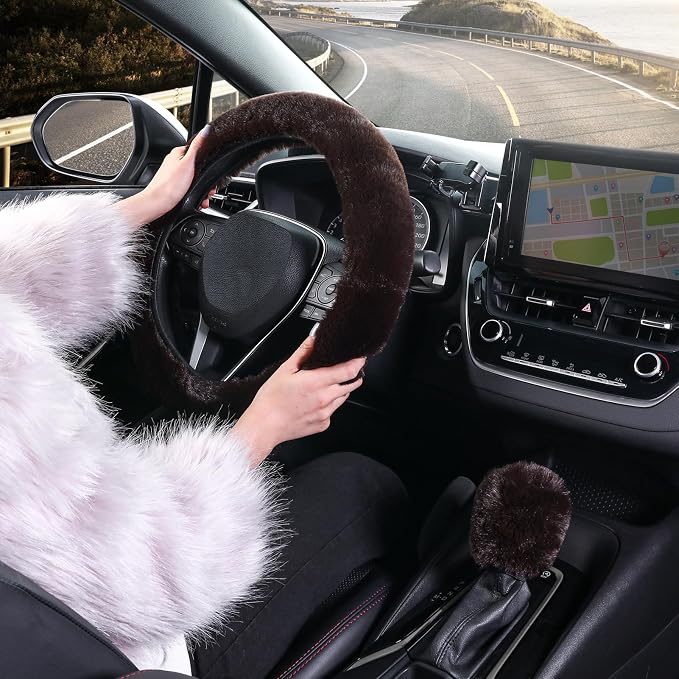 Furry Car Steering Wheel Cover with Gear Shift Cover, Soft and Warm, Cute Fluffy Auto Decor for Women Men, Standard Size, 2 PCS Set, Coffee Brown