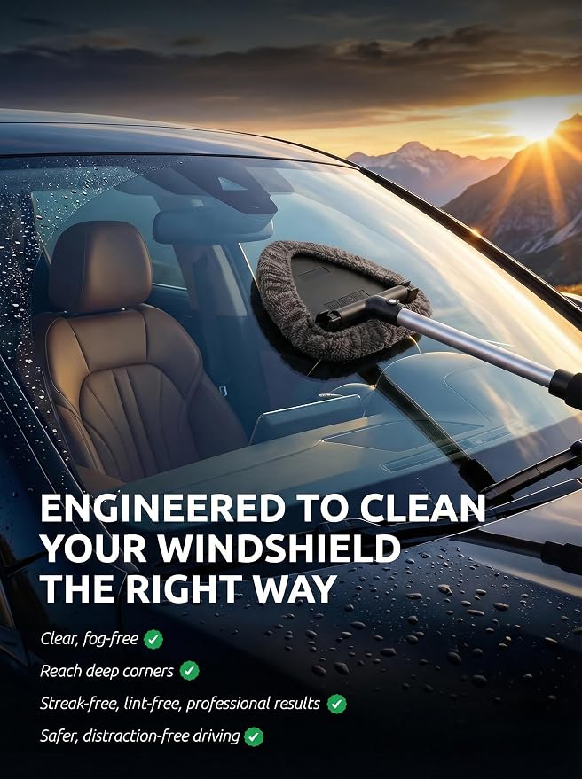 Window & Windshield Cleaner, Extendable, 3 Microfiber Pads (Grey) | Pivoting Triangle Head Wiper Cleans Interior & Exterior Glass, 3 Washable Reusable Bonnets, Lint-Free