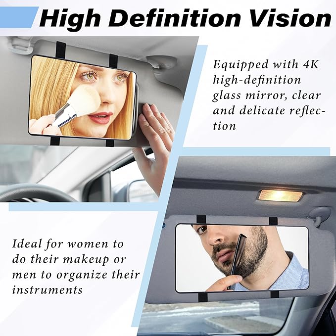 Car Sun Visor Mirror, Cosmetic Makeup Mirrors with Straps, HD Cars Interior Cosmetic Mirror, Car Accessories for Women Universal Sun Visor Mirrors for Trucks, Cars, SUVs (Black)