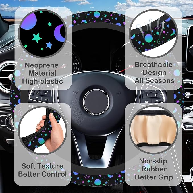 Colorful Star Moon Sun Steering Wheel Cover for Women, Anti-Slip Car Steering Wheel Cover with 2 Pcs Cup Holders Neoprene Breathable Car Accessories Universal 15 Inch Auto Interior Decor