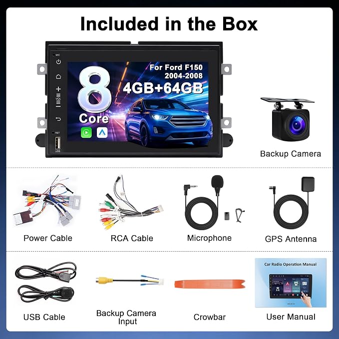 8 Core 4G+64G Car Radio for Ford F150 2004-2008: CarPlay Android Auto | Upgrade Android 15, BT, WiFi 6, GPS, AM, FM, RDS, 36EQ, SWC, 1080P Backup Camera