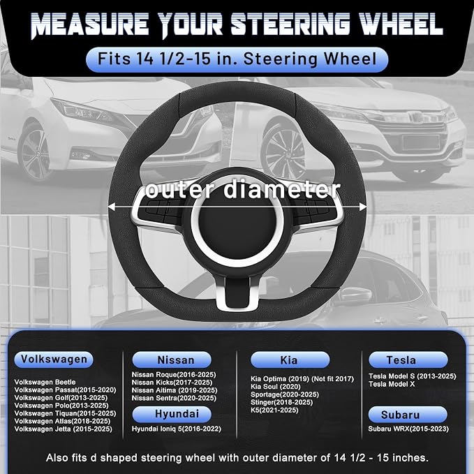 D Shaped Steering Wheel Cover for 14.5-15 inch Flat Bottom Wheels, Breathable Perforated Microfiber Leather, Anti-Slip Grip, Universal Fit for Cars & SUVs, Black and Blue