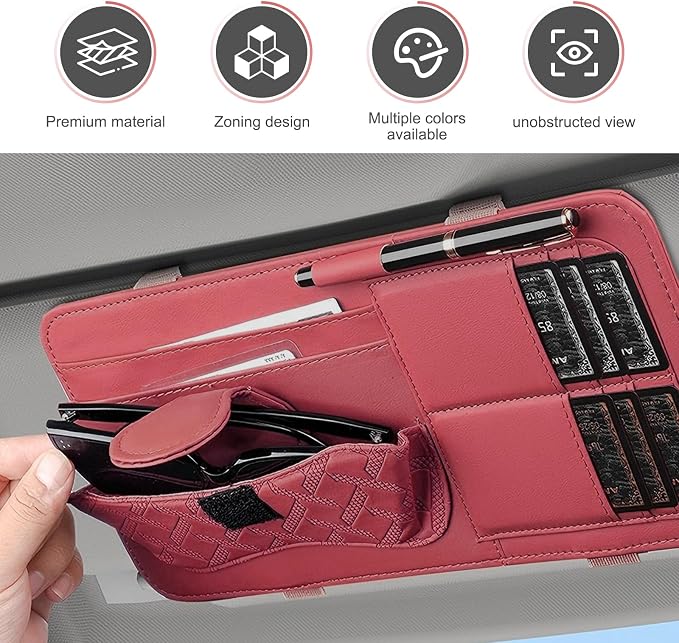 Car Sun Visor Organizer, Multi-Function Leather Car Visor Storage Pouch for Sunglasses Cards Licenses Pens, Multi-Pocket Visor Organizer, Universal for SUV, Sedan, Truck (Red)