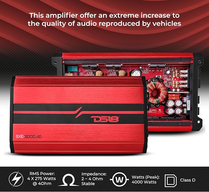 SXE-4000.4D/RD Car Amplifier Stereo Full-Range Class D 4-Channel 275x4 RMS @4 OHM 4000 Watts - Powerful and Compact Amp for Speakers in Car Audio System