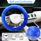 3 PCS Fluffy Steering Wheel Cover Set, 15'' Furry Car Wheel Cover, 2 Seat Belt Shoulder Pads, Anti-Slip Fur Steering Wheel Cover, Winter Warm Fluffy Car Accessories for Women, Blue