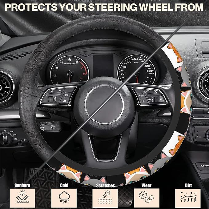 Cartoon Lovely Cats Steering Wheel Covers Universal 15 Inch Car Wheel Cover,Anti-Slip Breathable Car Accessories Protector Fit for Trucks,Sedans,SUVs,Vans
