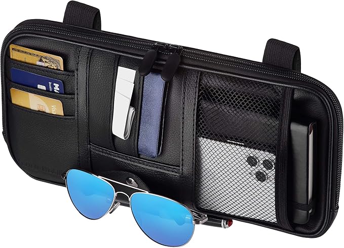 Car Sun Visor Organizer – Car, SUV, Truck Interior Accessories - Magnetic Glasses Holder & Full Length Horizontal Pockets, Allows Safe Driving - 12.2 X 6.1 In, Black