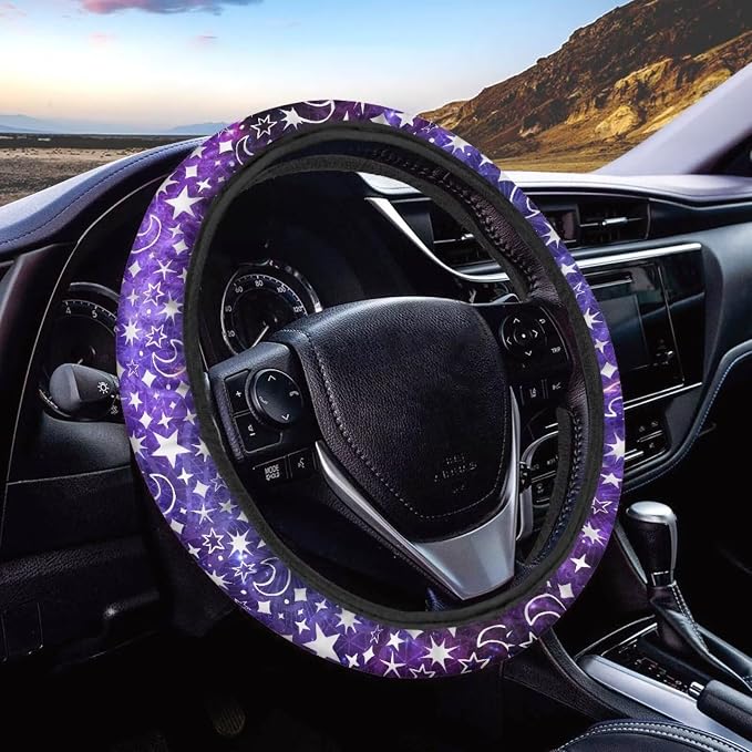 Purple Gradient Moon Star Pattern Car Steering Wheel Cover, 15 inches, Universal Fit for Car, SUV, Van, RV, Easy to Install, Anti-Slip Design