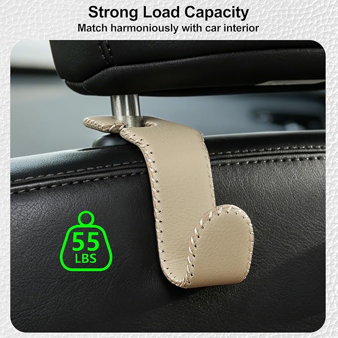 Car Seat Headrest Hook, Universal Vehicle Storage Hanger, Leather with Metal Car Seat Back Organizer for Handbag, Purse, Coat, Ergonomic Design, Beige 4 Pack