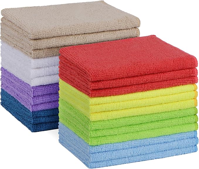 Microfiber Cleaning Cloth, 24 Pack Absorbent Cleaning Rags with 8 Color Assorted,Lint-Free Cleaning Towels for Car Kitchen House, 12"X11" (Multi-Color)