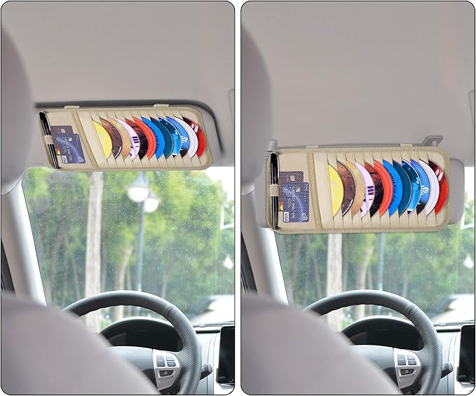Car CD Case Holder, Vehicle Sun Visor Organizer for Cars with 12 DVD Storage Sleeves, 1 Mesh Pocket, 1 Pen Holder and Elastic Strap, Khaki