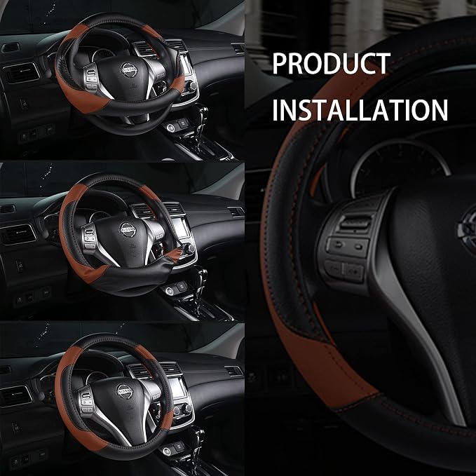 Leather Car Steering Wheel Cover, Non-Slip Car Wheel Cover Protector Breathable Microfiber Leather Universal Fit for Most Cars(Brown)