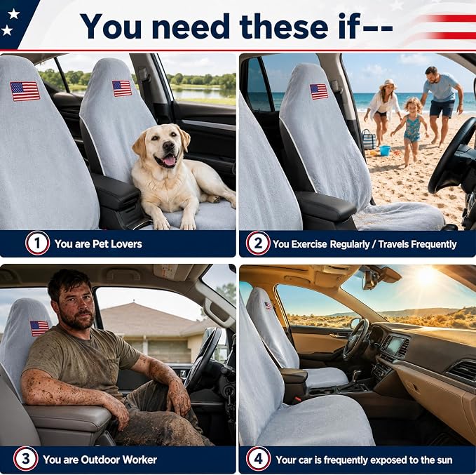 Car Seat Towel Cover, Sweat-Proof & Absorbent Microfiber Seat Protector for Gym, Workout & Beach, Universal Fit for Most Cars, SUVs & Trucks, 59"x29", Silver Gray Flag (2-Pack)