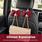 2 PCS Bow Pearl Car Seat Headrest Hook, Car Seatback Hanging Organizer Elegant Pearl Purse Hanger, Cute Bow Vehicle Interior Headrest Storage Hook for Handbag Purse Coat (Red)