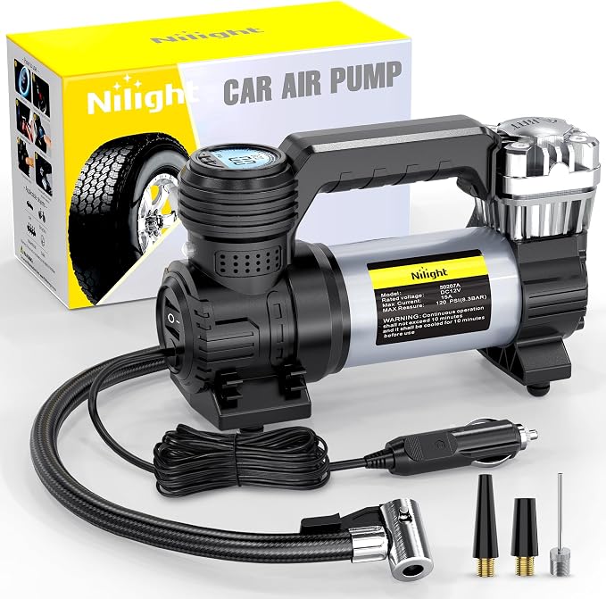 Portable Air Compressor Tire Inflator 12V Heavy Duty 120PSI Metal Pump Double Cylinder Digital Pressure Fast Inflate Auto Shutoff for Car SUV Motorcycle