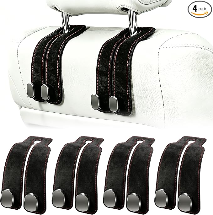 Amelity Car Headrest Hooks, Purse Hook for Vehicle 4 Pack Black | Universal Car Interior Accessories for Women, Available in 2/4 Pack, Storage Hanger Holds Purses, Backpacks, Grocery Bags