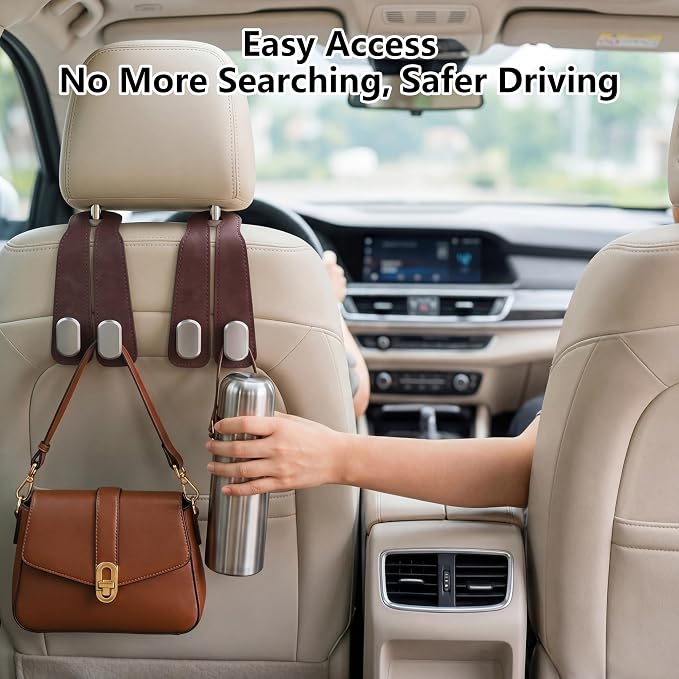 Car Seat Headrest Hooks for Purses & Shopping Bags, 2 Pack Suede Car Purse Hook, Double Hooks Secure Bags While Driving, Elegant & Durable, Simple to Install, Fits Handbags, Grocery Bags, Bottles.