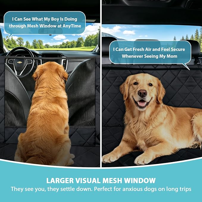 Truck Dog Seat Cover for Pickup Back Seat | Mesh Window & Seat Belt | 100% Waterproof Dog Hammock for Car Safe Travel with Side Door Protectors | Non-Slip, Scratchproof Pet Rear Seat Cover