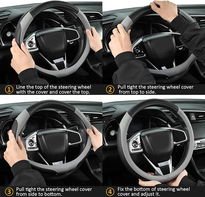 Customized Auto Car Steering Wheel Cover for Honda Accord Civic CR-V HR-V Pilot Fit Passport Odyssey 14.5-15inch(Black+Gray-Standard Size)