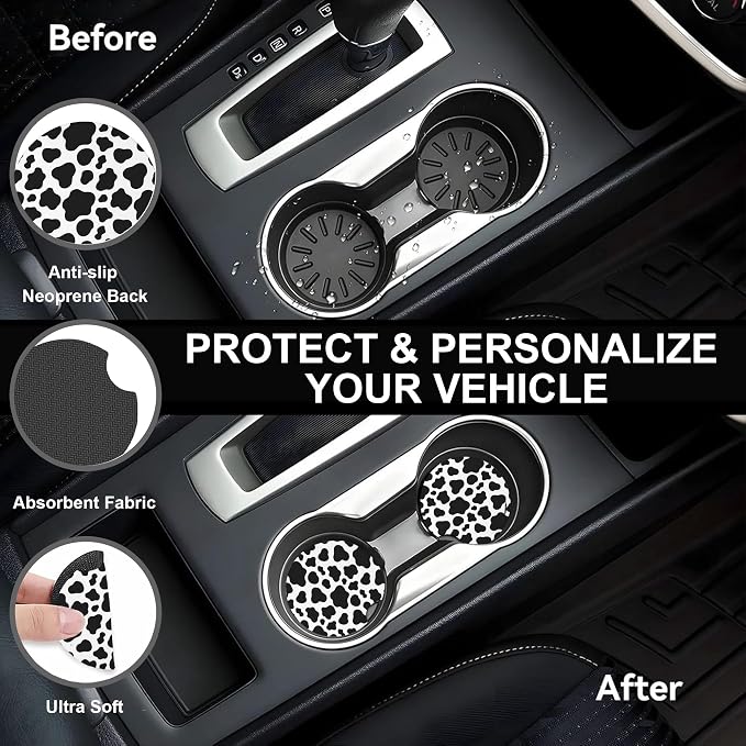 Cow Print Steering Wheel Cover with 2 PCS Cup Coasters for Car,Black and White Cow Print 15 Inch Non-Slip Neoprene Steering Wheel Covers,Breathable Car Accessories Fit for Men Women