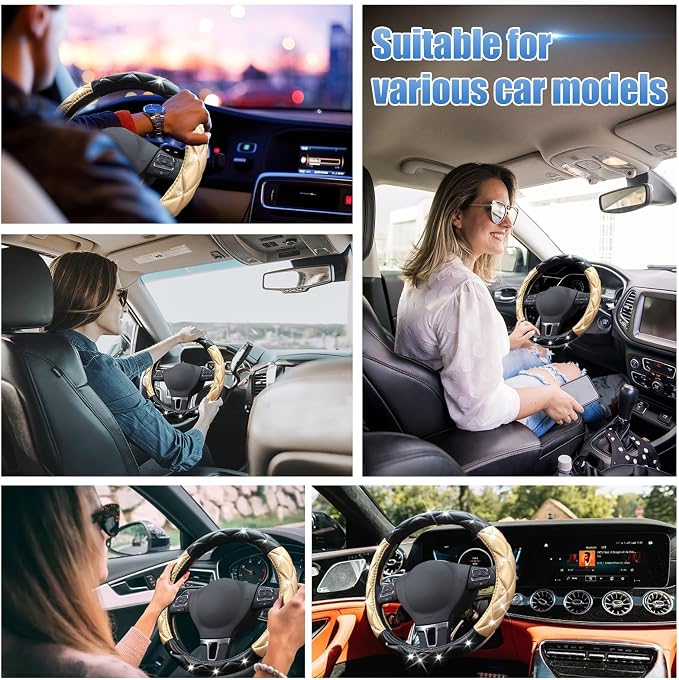 Black and Gold Steering Wheel Cover, Auto Cute Diamond Bling Soft Comfort Leather Car Interior Accessories Protector Sparkly Fit Most O-Shaped Steering Wheels