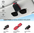 Sunglasses Holder for Car, Leather Magnetic Buckle Sun Visor Sunglass Clip, Ticket Card Storage Glasses Clip, Car Interior Accessories for Men and Women（Black-red）