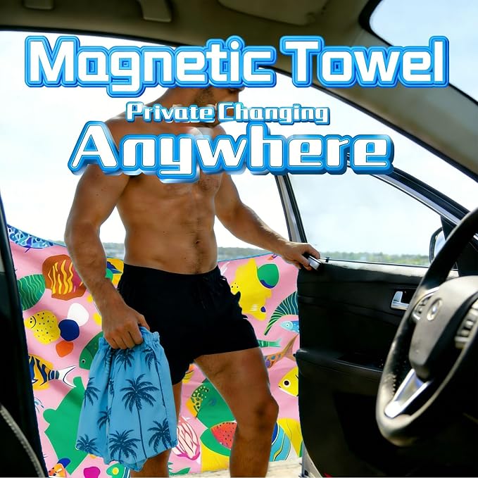 Magnetic Beach Towel | Extra Wide & Enhanced Magnet (75"x40"), Sand-Free Quick-Dry Microfiber for Car Door Changing, Beach, Pool | Includes Storage Bag, Travel & Camping (Colorful Fish Carnival)