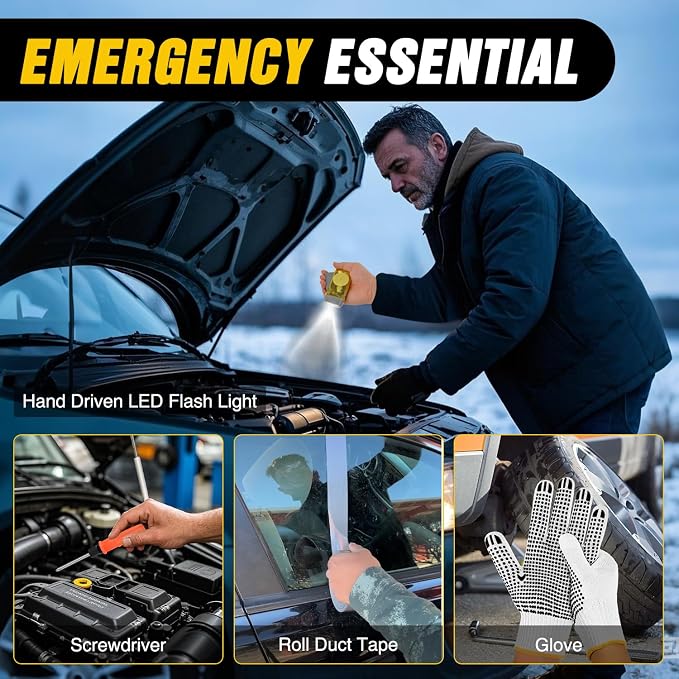 Car Emergency Kit with Jumper Cable, First Aid Kit Safety Assistance Tools for Travel Camping Outdoor Cars Truck SUV RV, Roadside Essentials with Flash Light
