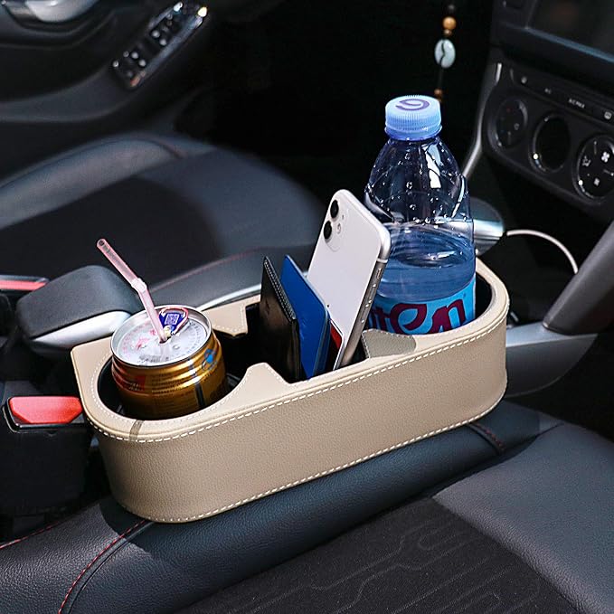 Car Seat Organizer Cup Drink Holders Multi Functional Gap Filler Storage Box Insert Organization Helps Reduce Distracted Driving&Holds Phone Mount Mug Bottle Cellphone (PUBD-Beige)