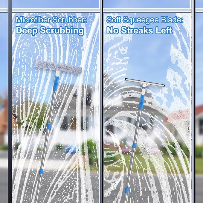 77'' Professional Squeegee Window Cleaner Tool with Extension Pole, Car Windshield Cleaning Kit with Long Handle, Window Washing Equipment for Indoor Outdoor Windows & Car Glass
