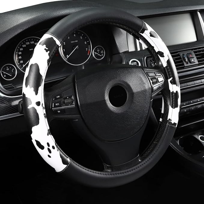 Cow Print Steering Wheel Cover, Universal 15 Inch Cute Steering Wheel Cover for Women, Breathable Anti-Slip Car Steering Wheel Protector, Fashion Auto Interior Accessories for Cars, SUVs & Trucks