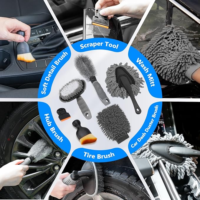 Car Wash Detailing Kit with Foam Gun, Car Cleaning Kit Set,Car Wash Brush with Long Handle, Large Folding Bucket for Interior Exterior Car Wash Supplies, Car Gift Set Gray
