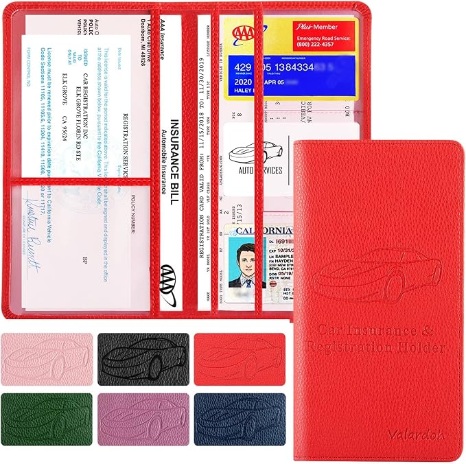 Premium Car Registration and Insurance Card Holder, Car Document Holder for Cards, Driver License & other Essential Documents (Red)