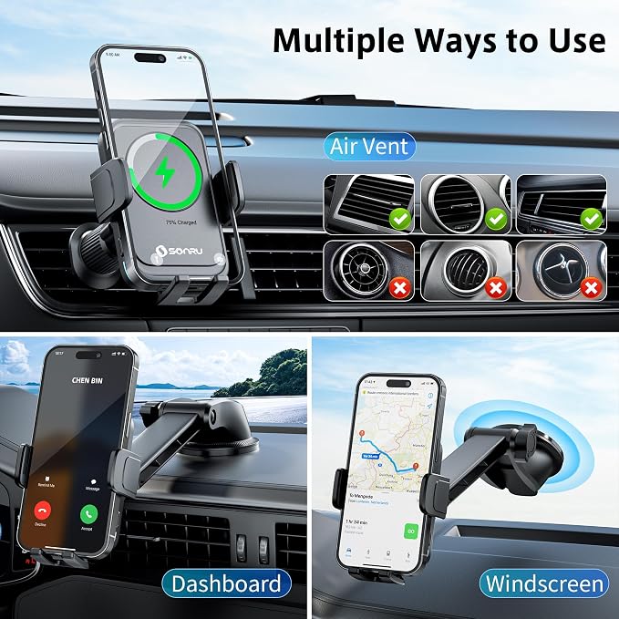 Car Phone Holder Wireless Charger, Qi 15W Wireless Car Charger Fast Charging Auto Clamping Car Charger Mount Suction Holder Dashboard Air Vent for iPhone 16/15/14/13/12/11, Samsung S25/24